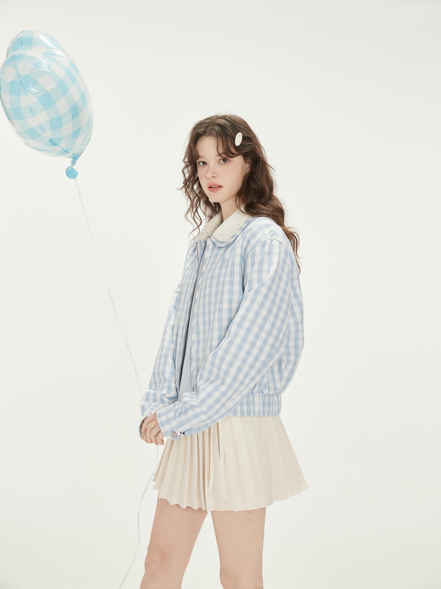 Gingham Zip-Up Jacket With Double Peter Pan Collar