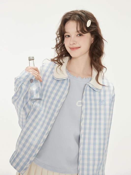 Gingham Zip-Up Jacket With Double Peter Pan Collar