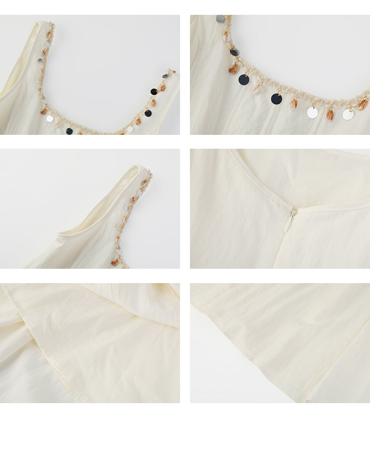 Sleeveless Dress With Shell-Decorated Neckline