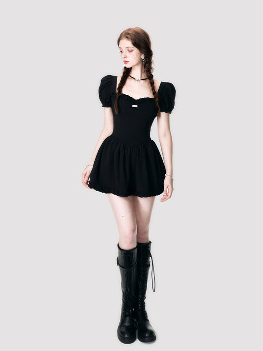 Floral Embossed Jacquard Puff Sleeve Dress