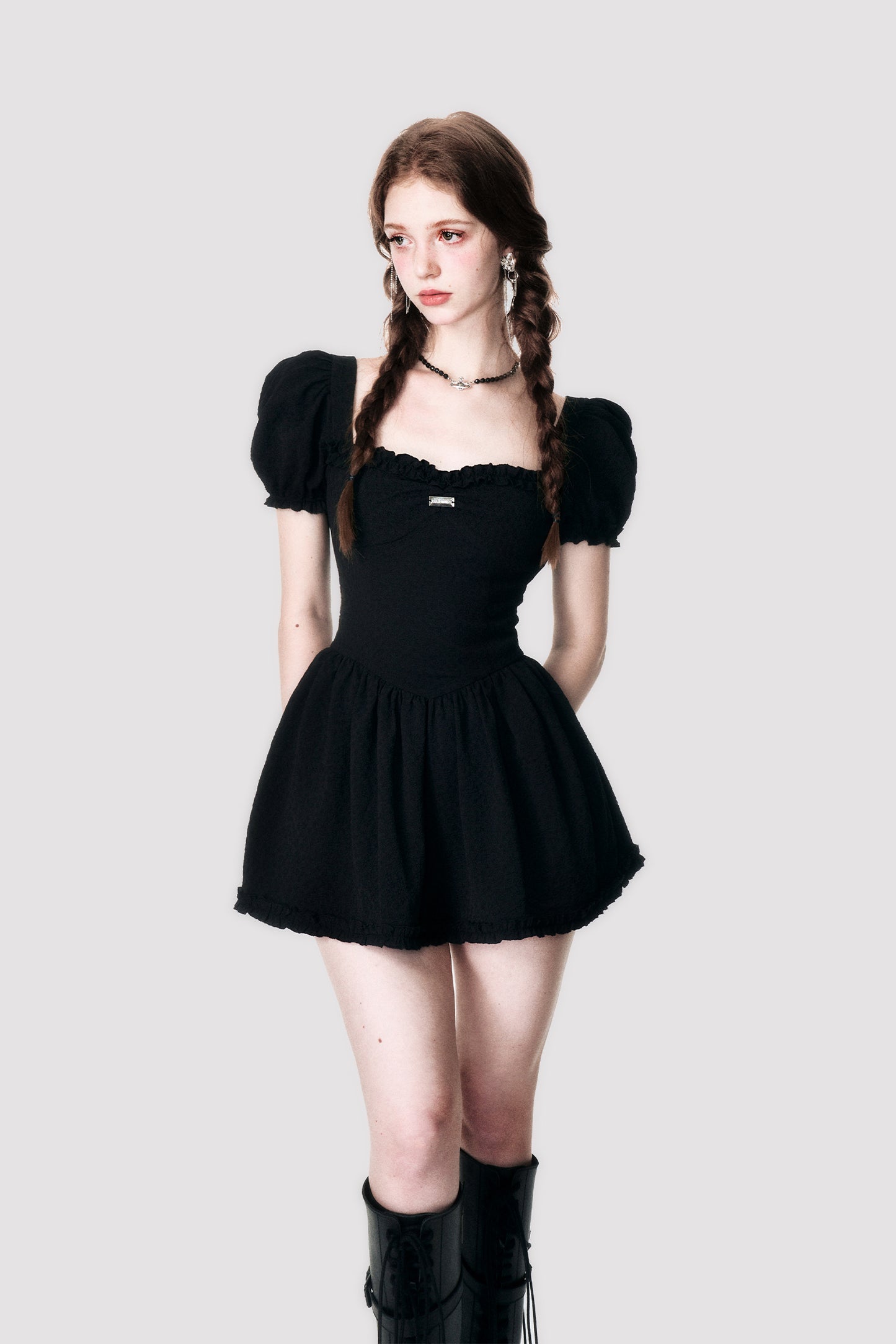 Floral Embossed Jacquard Puff Sleeve Dress