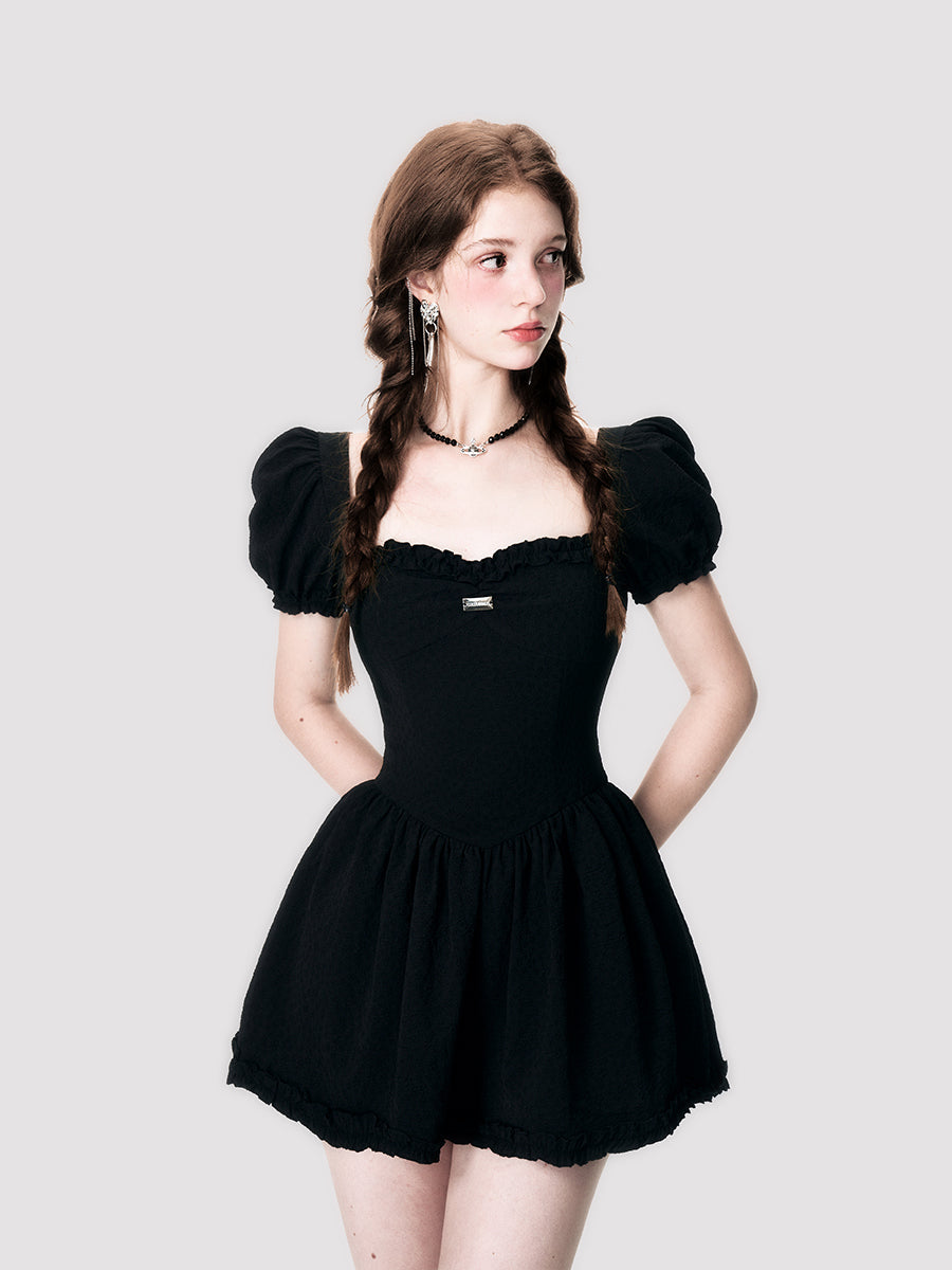 Floral Embossed Jacquard Puff Sleeve Dress