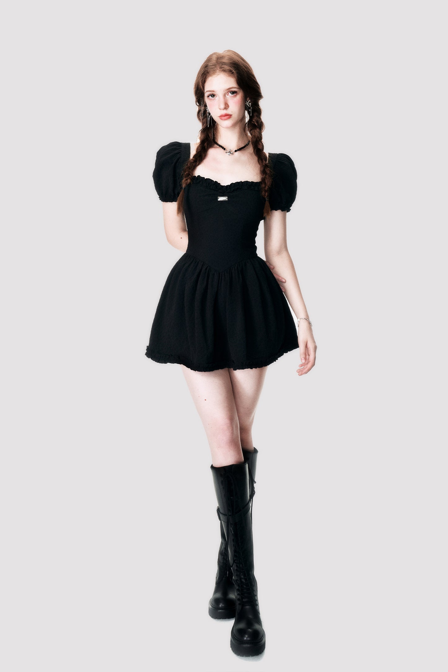 Floral Embossed Jacquard Puff Sleeve Dress