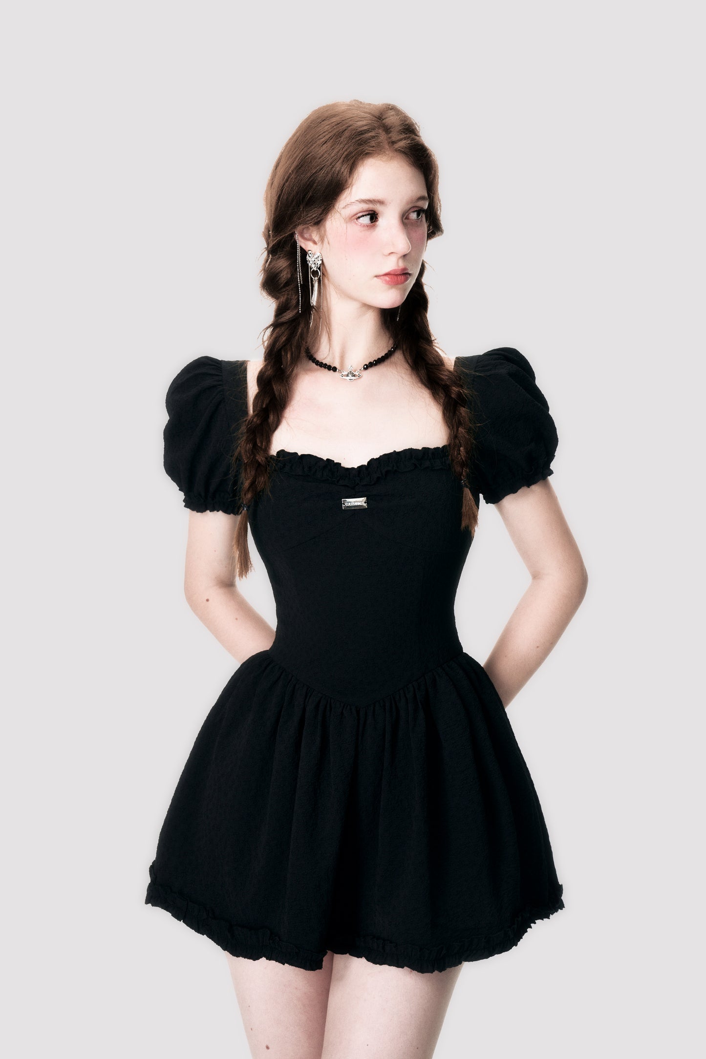 Floral Embossed Jacquard Puff Sleeve Dress