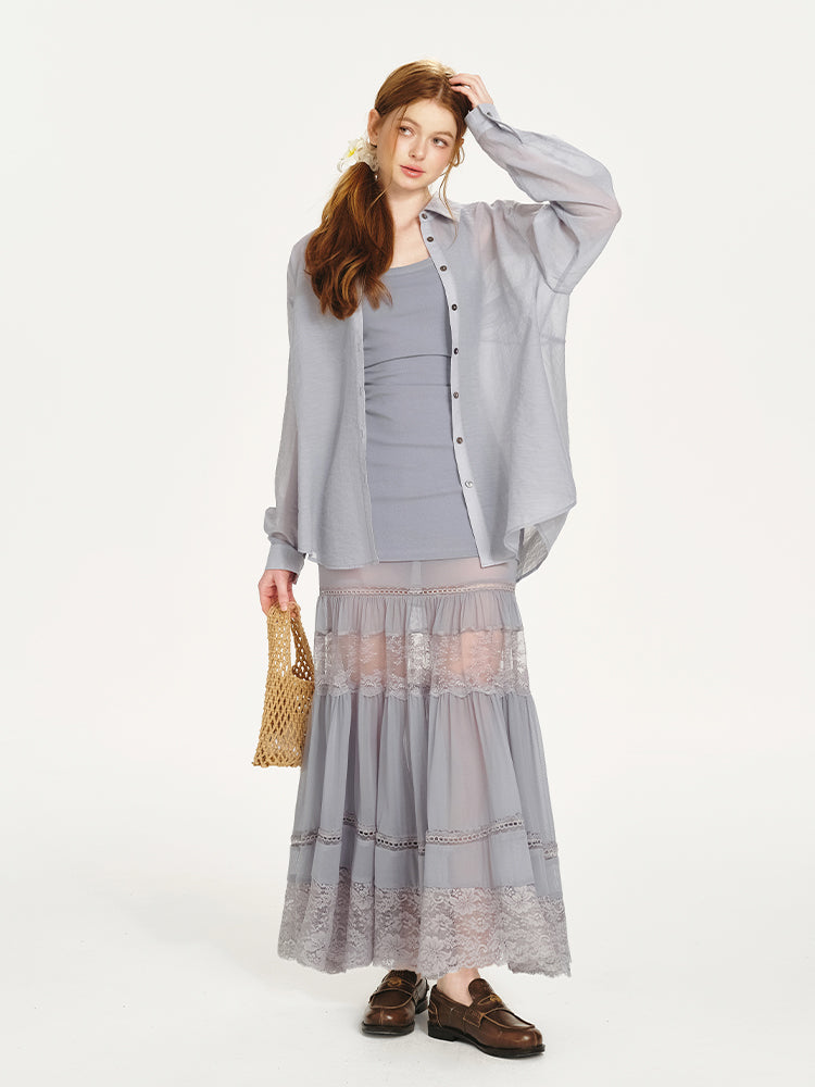 Sheer Shirt & Open-Back Dress With Lace Bottom