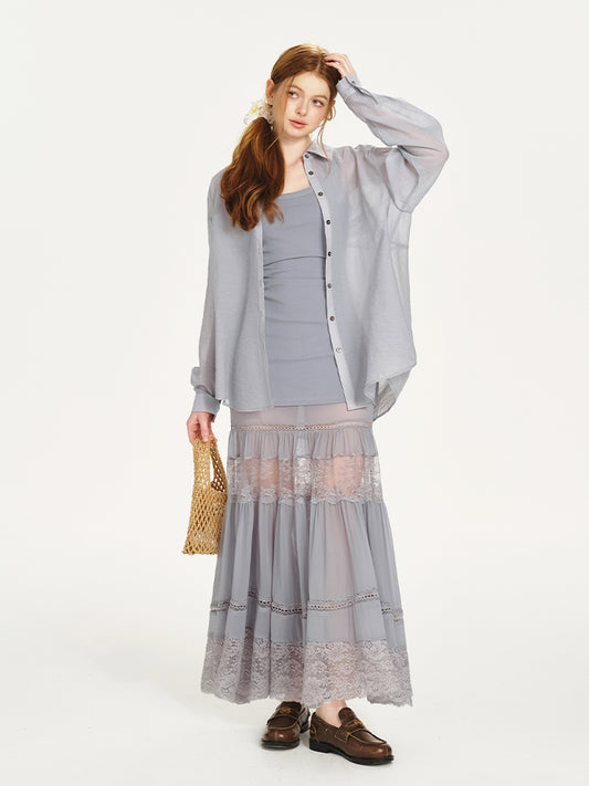 Sheer Shirt & Open-Back Dress With Lace Bottom