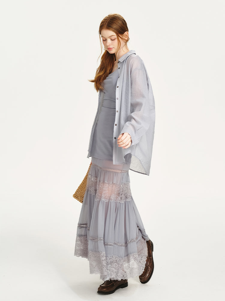 Sheer Shirt & Open-Back Dress With Lace Bottom
