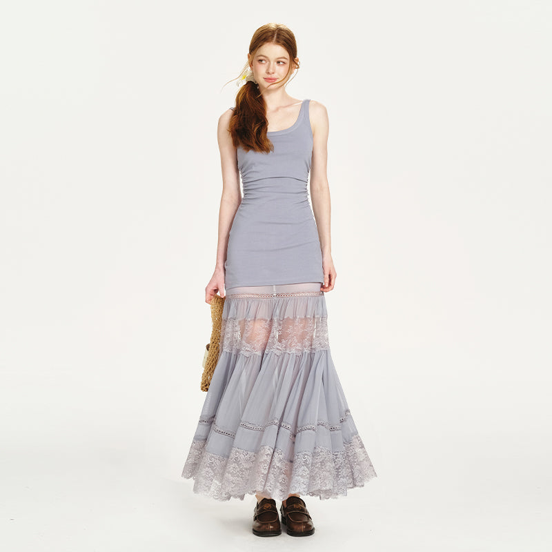 Sheer Shirt & Open-Back Dress With Lace Bottom