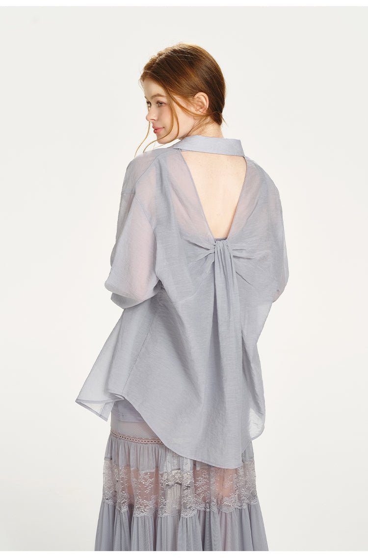 Sheer Shirt & Open-Back Dress With Lace Bottom
