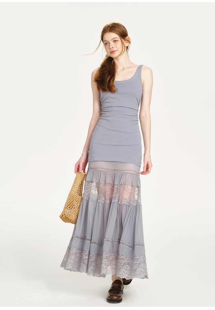 Sheer Shirt & Open-Back Dress With Lace Bottom