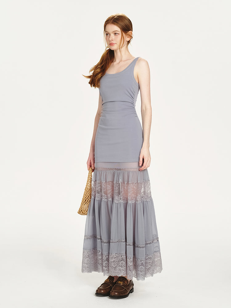 Sheer Shirt & Open-Back Dress With Lace Bottom