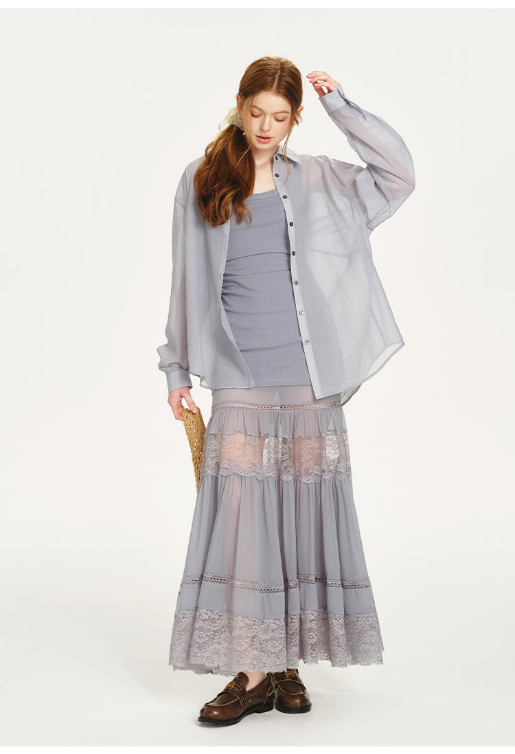 Sheer Shirt & Open-Back Dress With Lace Bottom