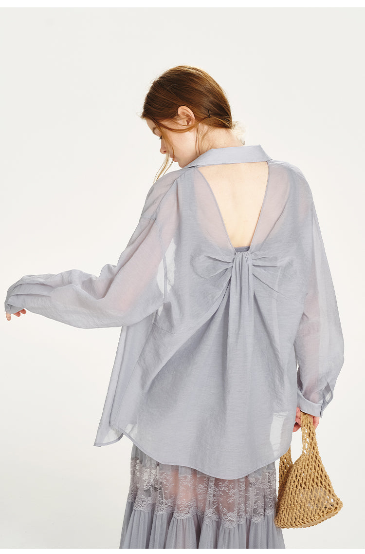 Sheer Shirt & Open-Back Dress With Lace Bottom