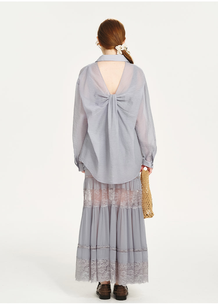 Sheer Shirt & Open-Back Dress With Lace Bottom