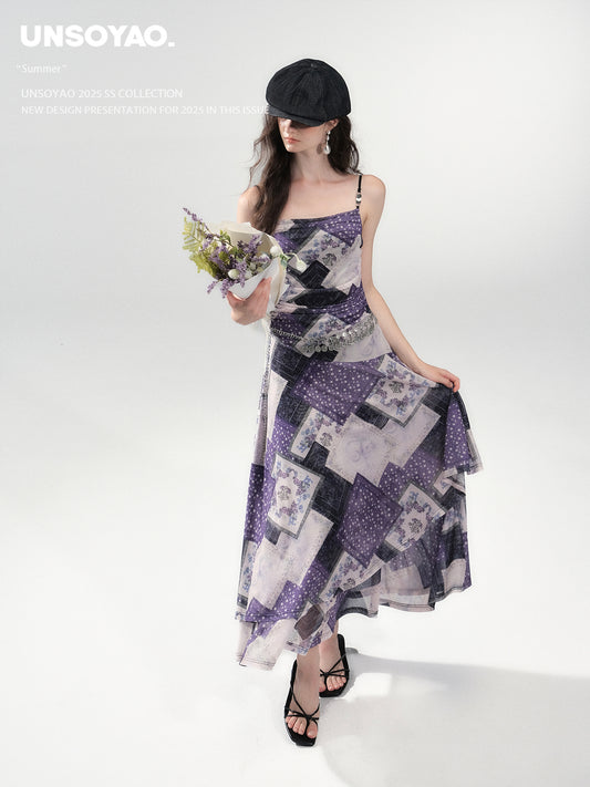 Draped Patchwork Print Stretch Cami Dress