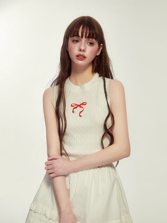 Bow-Embroidered Sleeveless Fitted Cable Knit Top