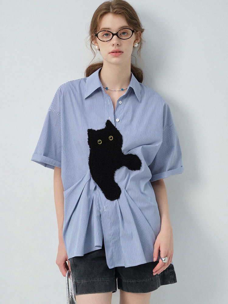 Asymmetrical Cat Patch Striped Shirt