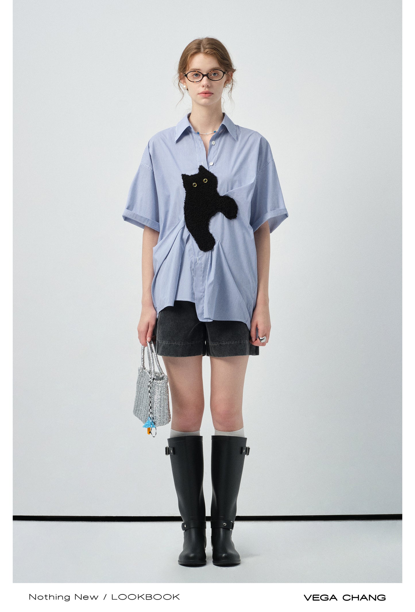 Asymmetrical Cat Patch Striped Shirt
