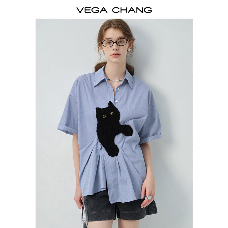 Asymmetrical Cat Patch Striped Shirt