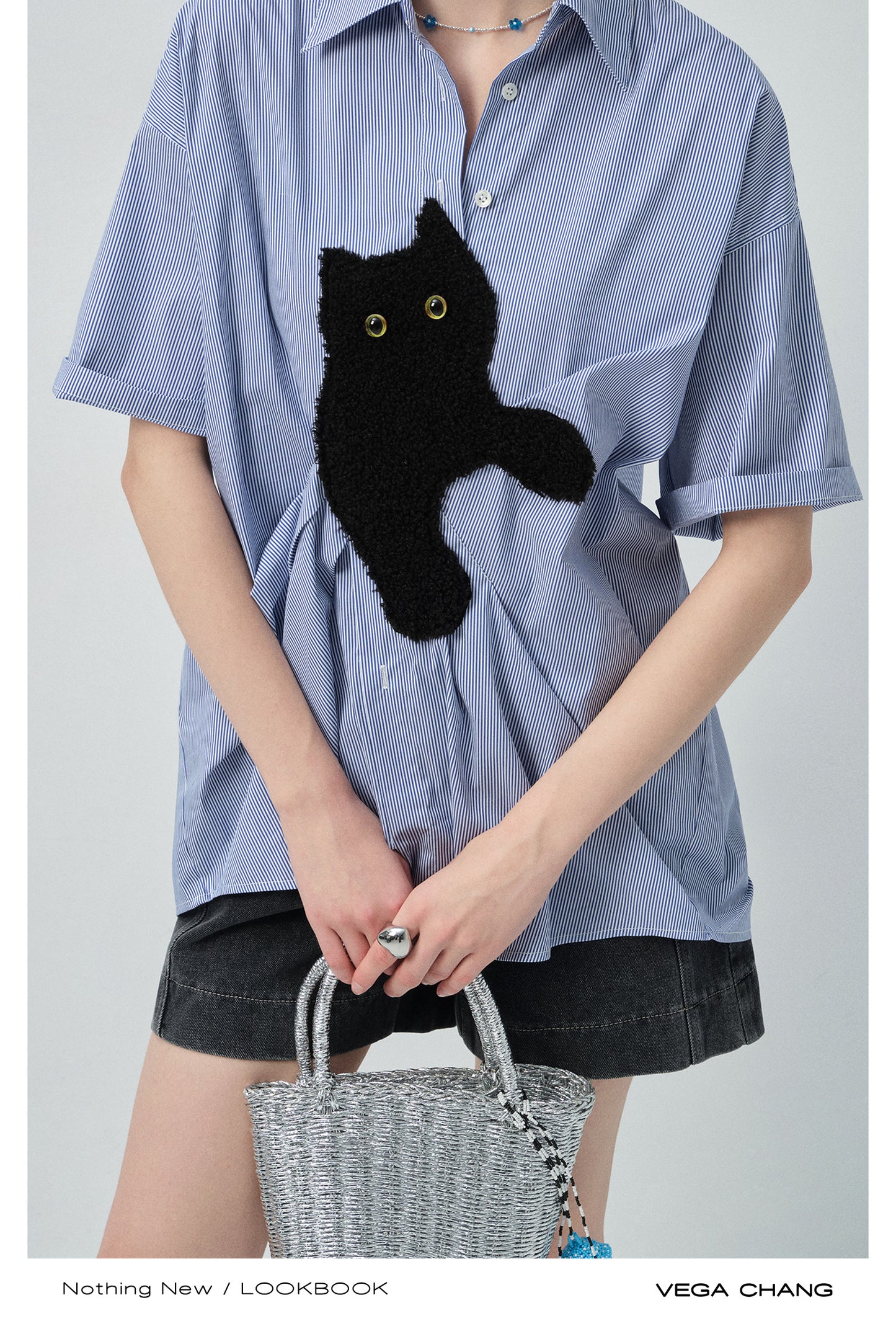 Asymmetrical Cat Patch Striped Shirt