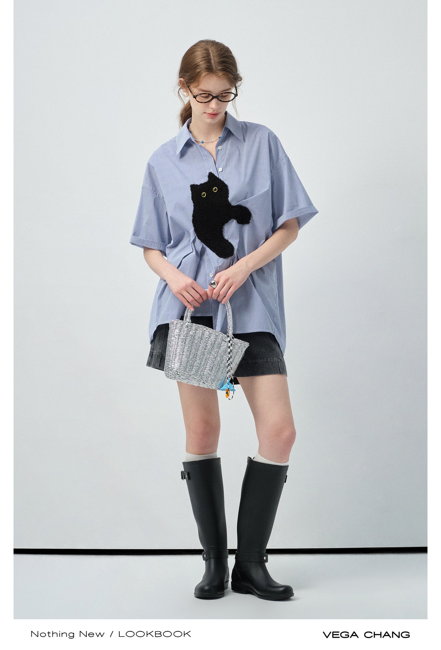 Asymmetrical Cat Patch Striped Shirt