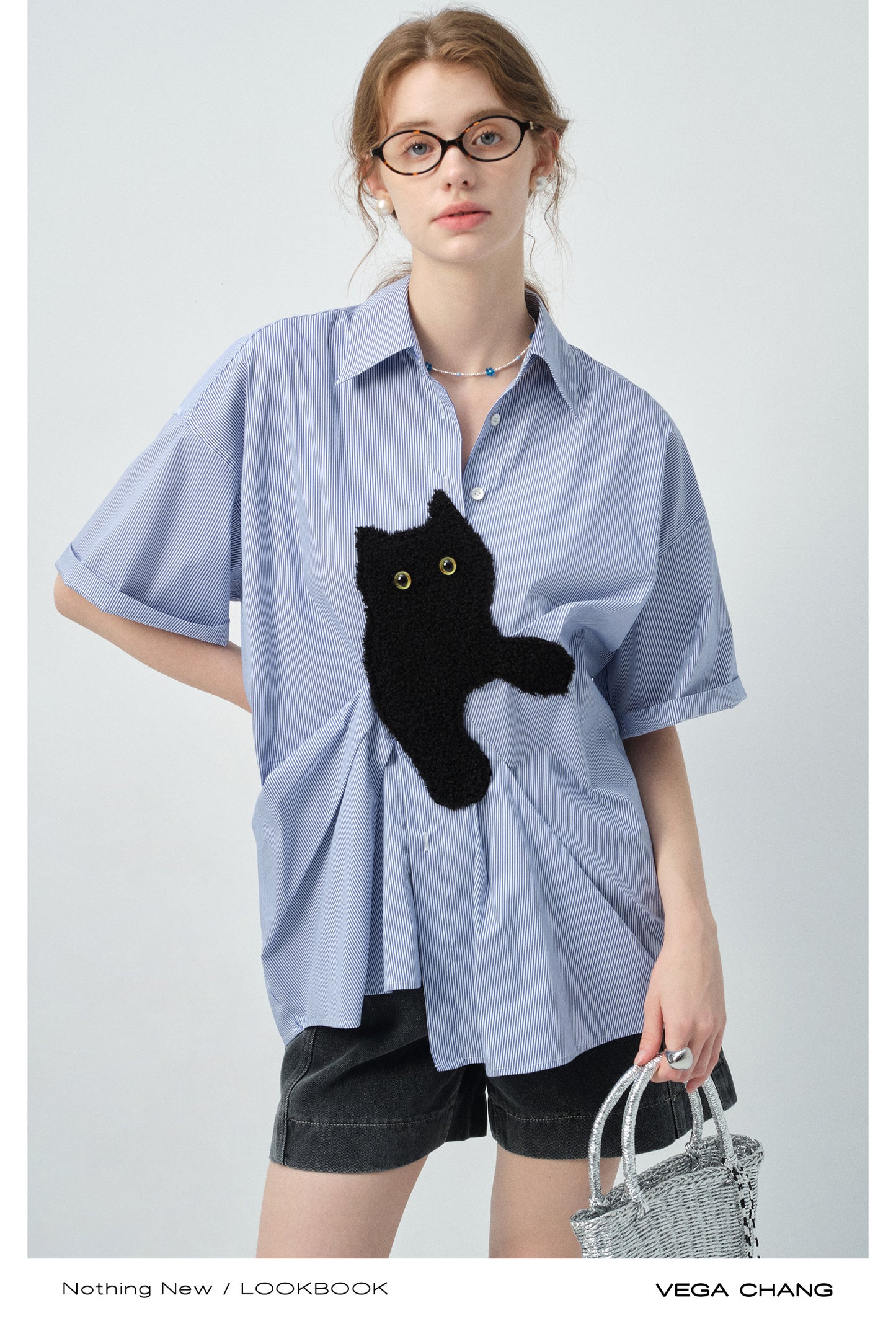 Asymmetrical Cat Patch Striped Shirt