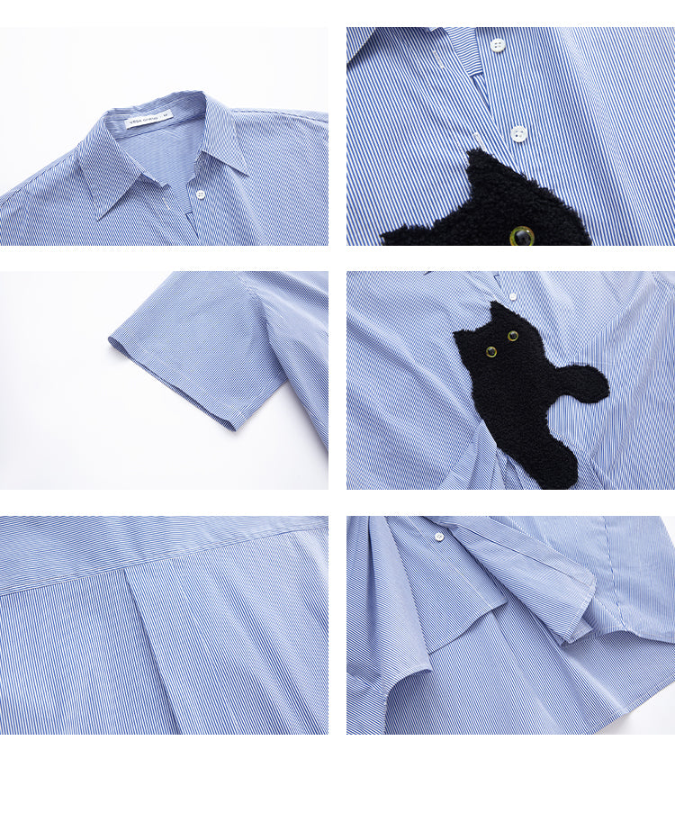 Asymmetrical Cat Patch Striped Shirt