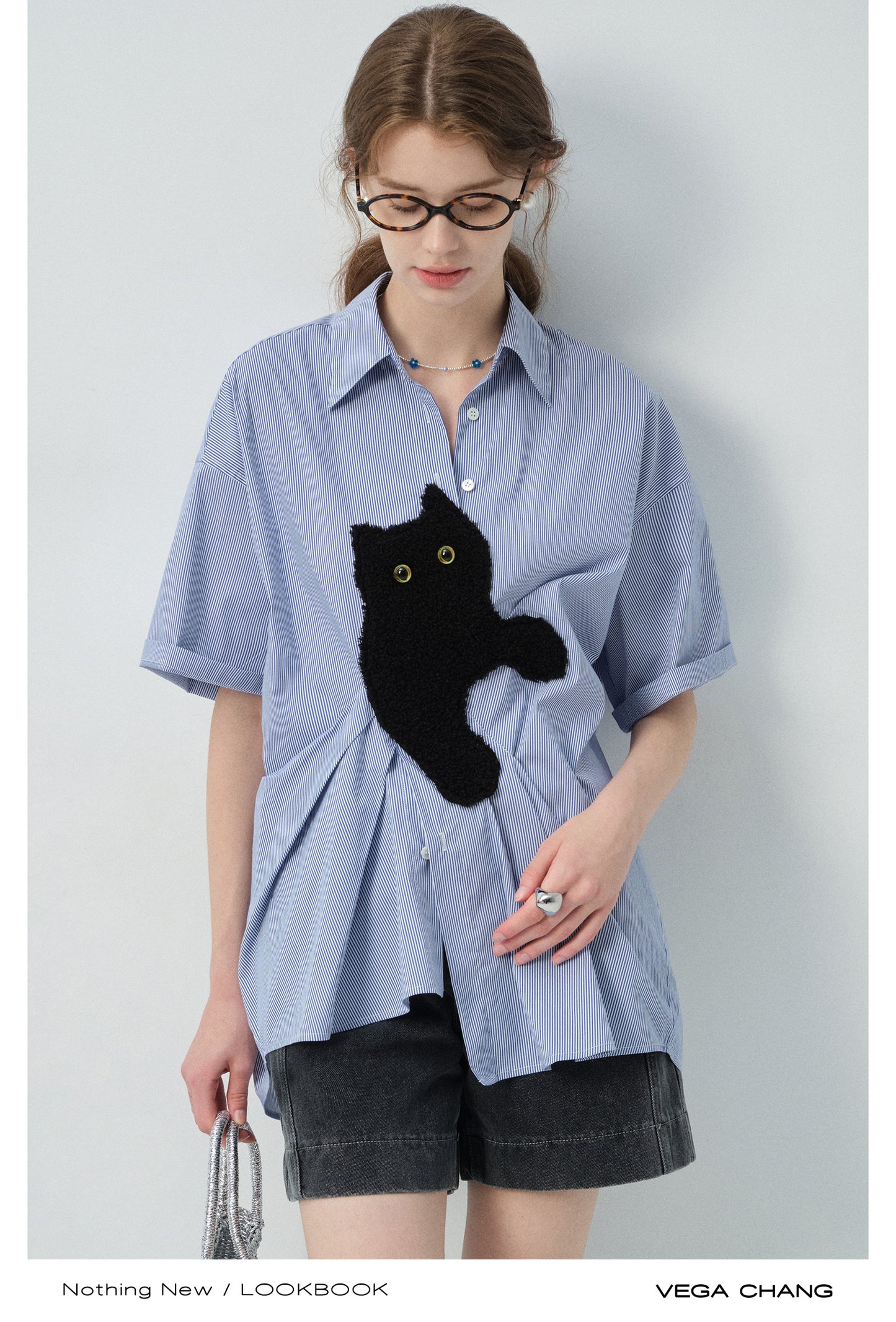 Asymmetrical Cat Patch Striped Shirt