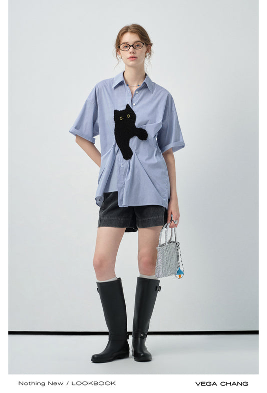 Asymmetrical Cat Patch Striped Shirt