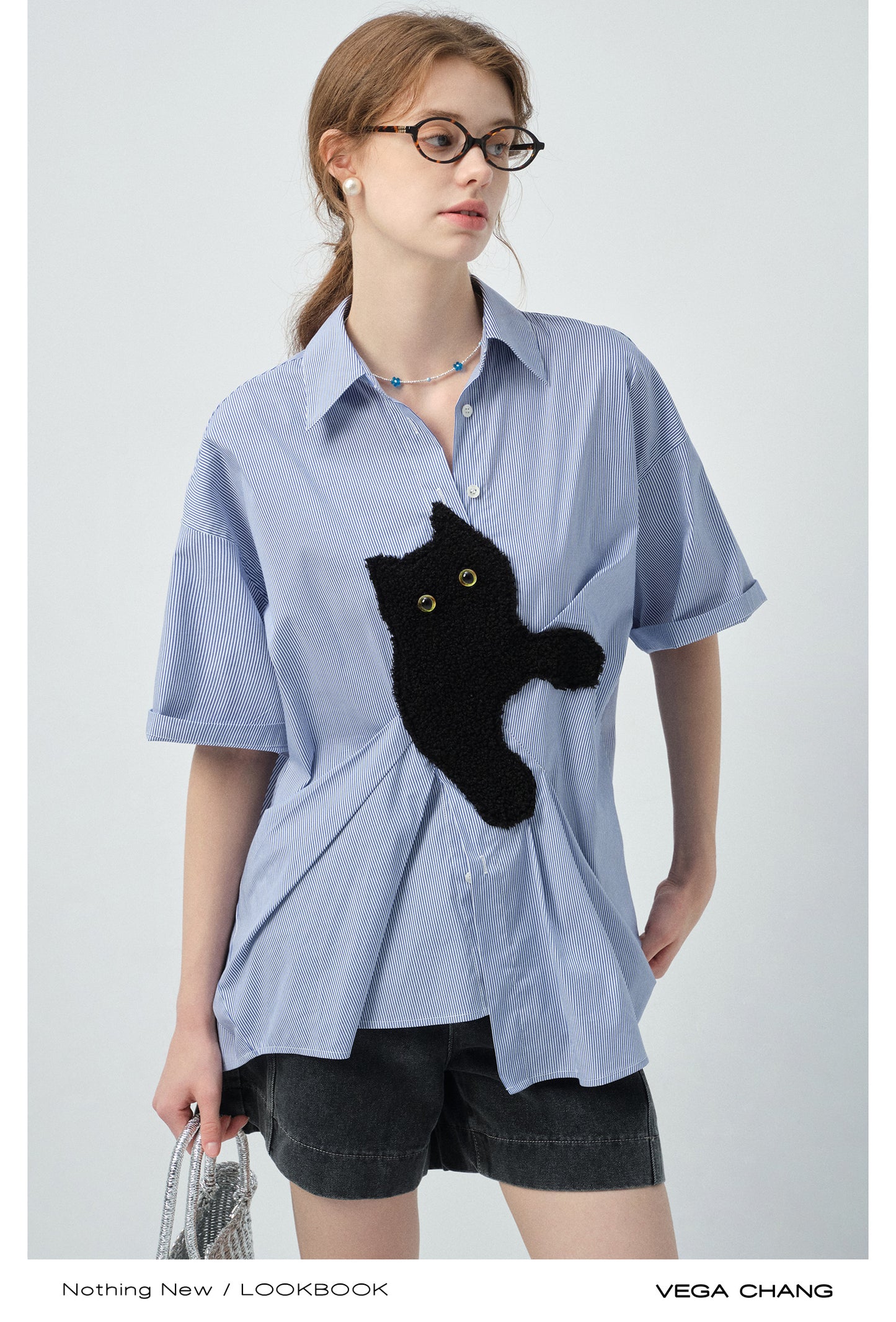 Asymmetrical Cat Patch Striped Shirt