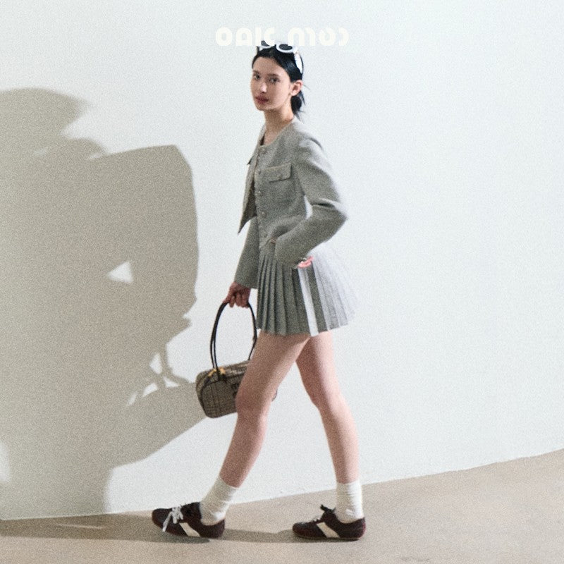 Fringed Cropped Jacket And High-Waisted Pleated Skirt