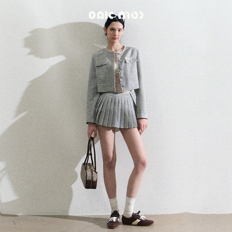 Fringed Cropped Jacket And High-Waisted Pleated Skirt