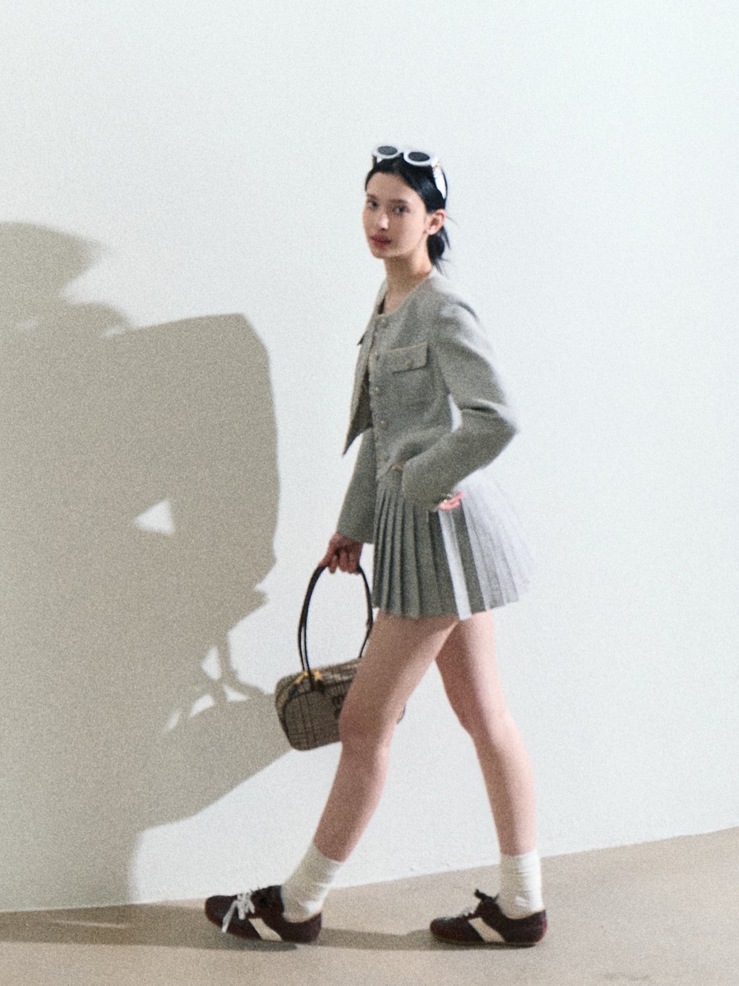 Fringed Cropped Jacket And High-Waisted Pleated Skirt