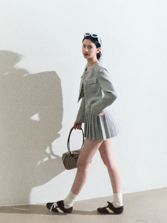 Fringed Cropped Jacket And High-Waisted Pleated Skirt