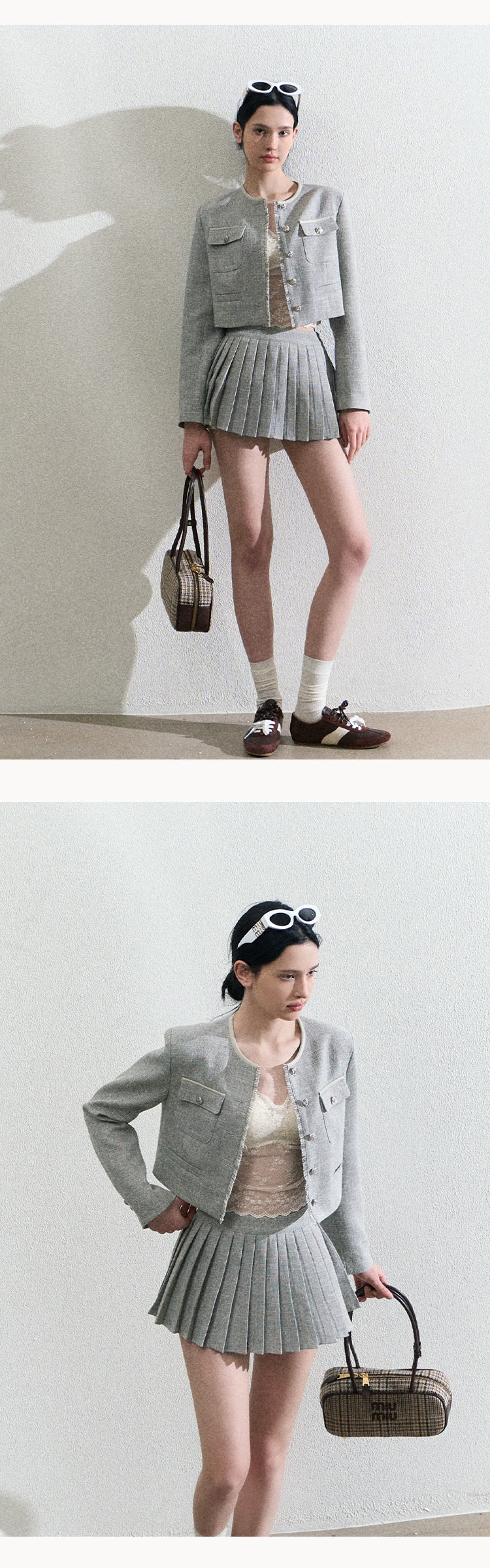 Fringed Cropped Jacket And High-Waisted Pleated Skirt