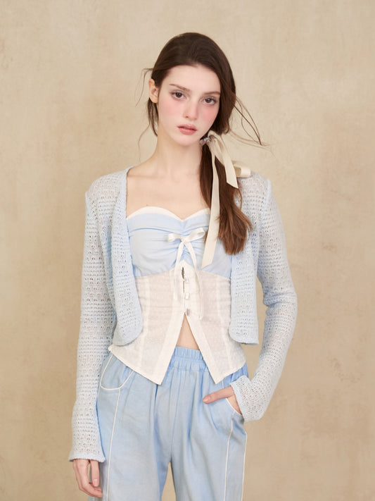 Lace Knit Cropped Cardigan With Open Front