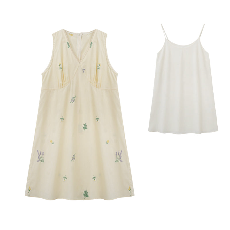 Floral V-Neck Sleeveless Dress Set With Slip