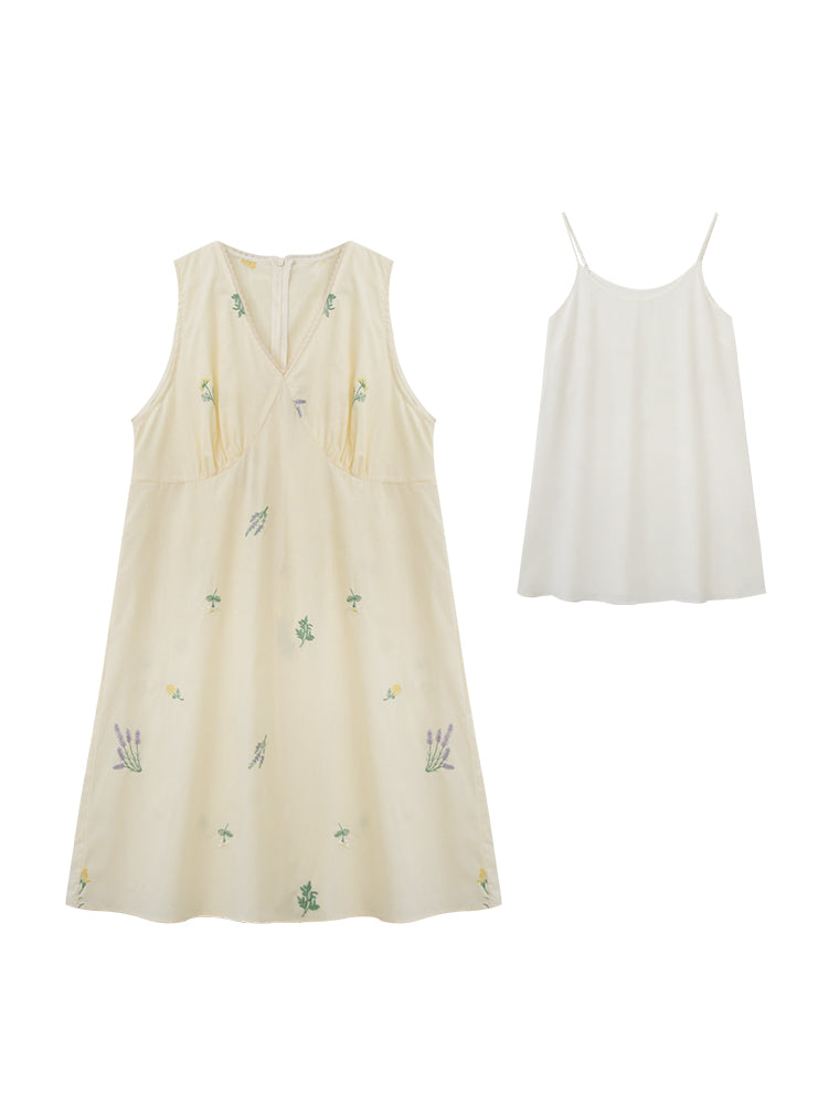 Floral V-Neck Sleeveless Dress Set With Slip