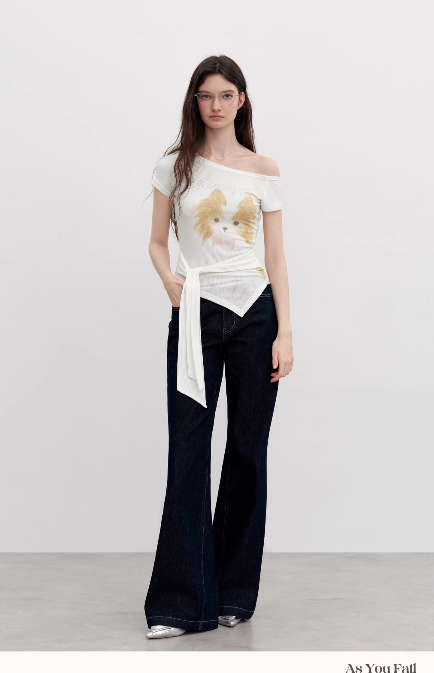 Dog Print Off-Shoulder Short-Sleeve Top With Tie Waist