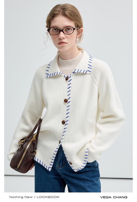 Collared Ribbed Knit Top With Stitch Detail