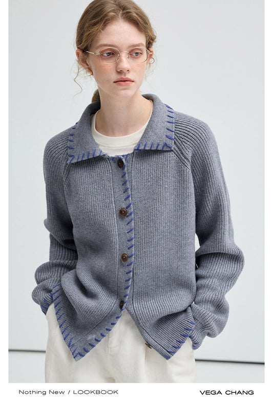 Collared Ribbed Knit Top With Stitch Detail