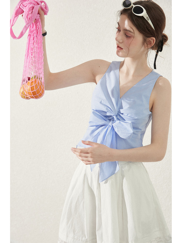 Dolphin Bay Twisted Cotton Top In Tiny Gingham