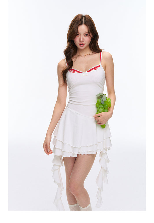 Breathable Ruffle Hem Cami Dress And Plaid Bra