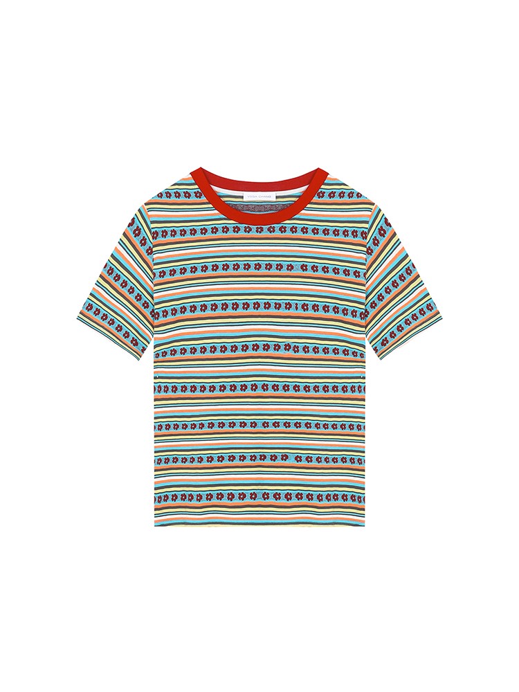 Colorful Floral Stripe Cotton Knit T-Shirt
