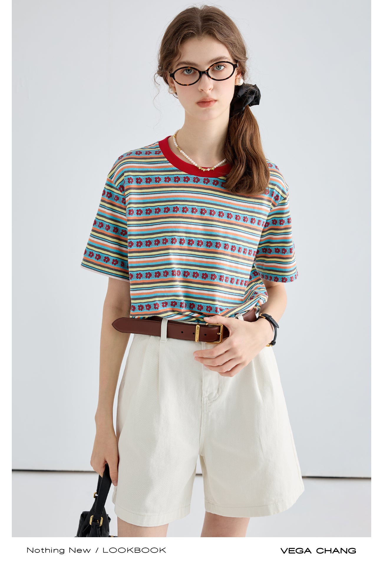 Colorful Floral Stripe Cotton Knit T-Shirt