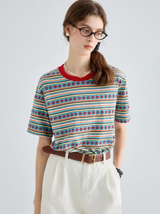 Colorful Floral Stripe Cotton Knit T-Shirt
