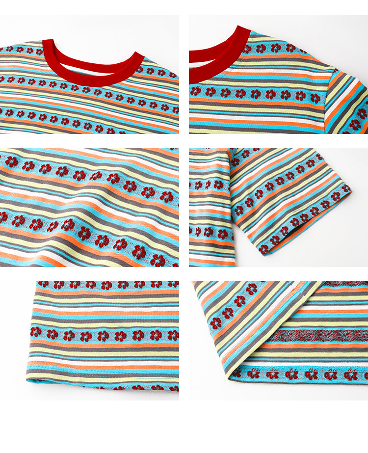 Colorful Floral Stripe Cotton Knit T-Shirt