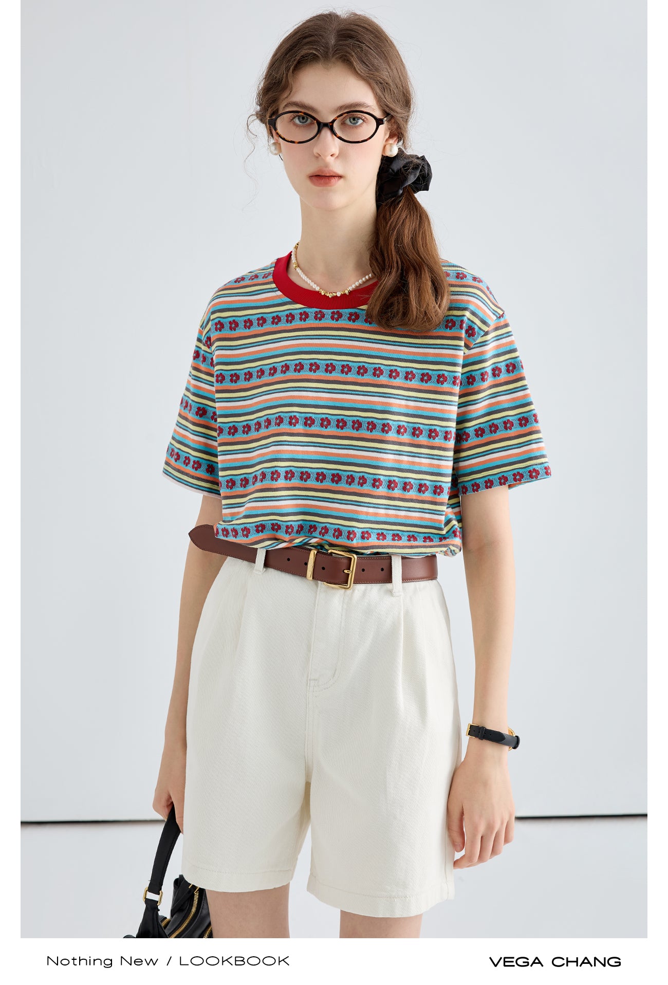 Colorful Floral Stripe Cotton Knit T-Shirt