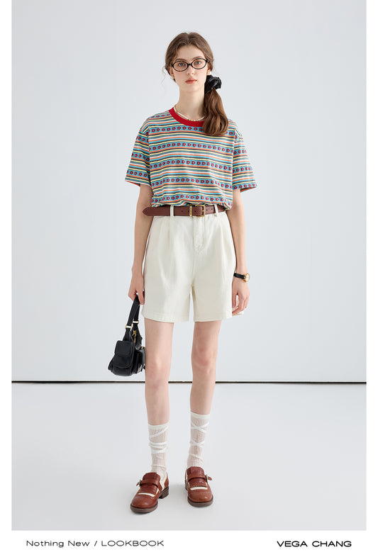 Colorful Floral Stripe Cotton Knit T-Shirt