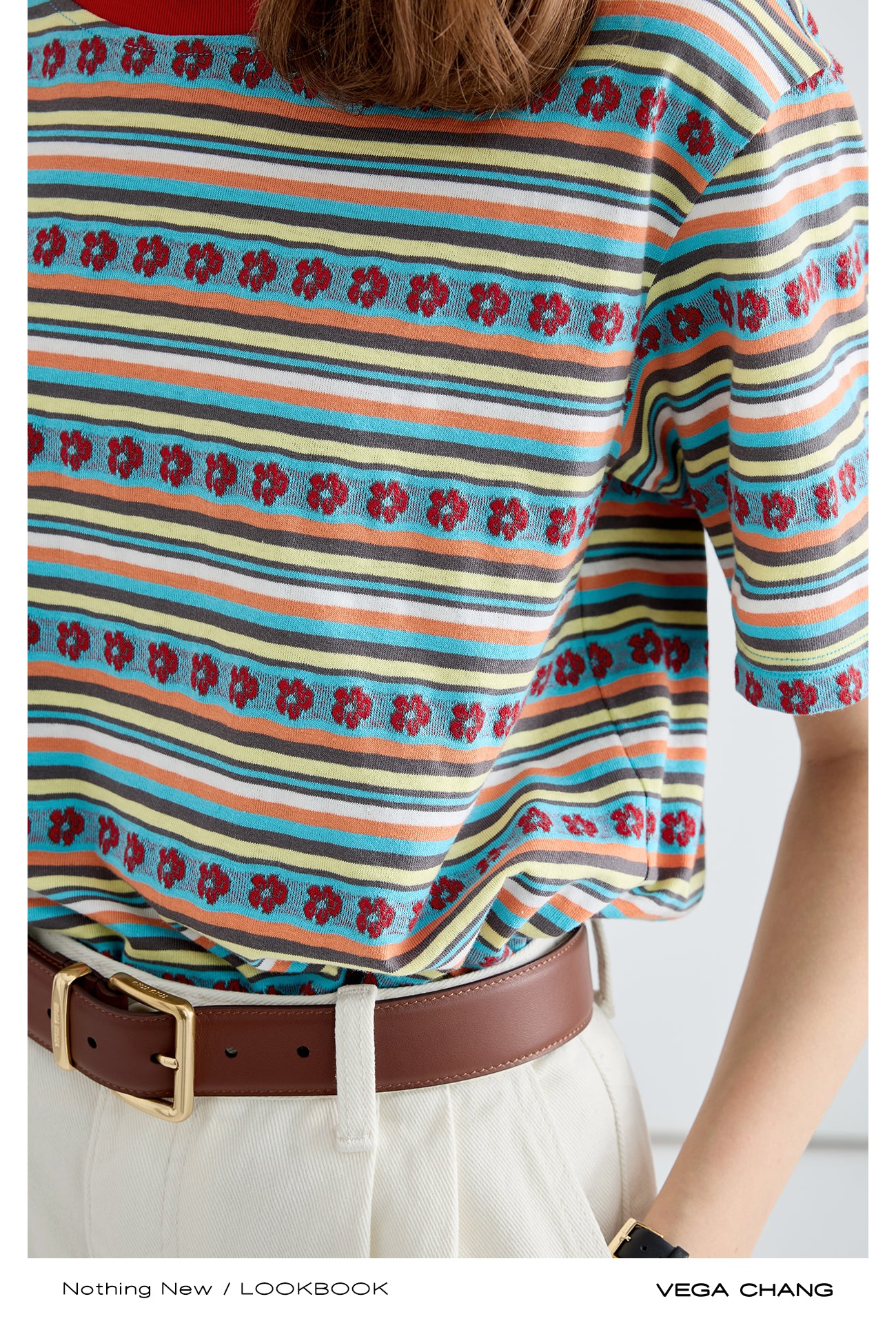 Colorful Floral Stripe Cotton Knit T-Shirt